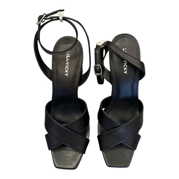 Lisa Vicky Black Leather Jazz Platform Heel Sandals 10 - Picture 2 of 4